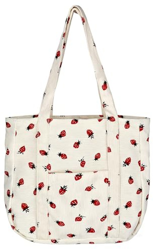 Rzspher Cord Tragetasche, Schultertasche Erdbeer-Print mit Reißverschluss wiederverwendbare, Leichte Tragetasche für arbeit strand reisen einkaufen und büro