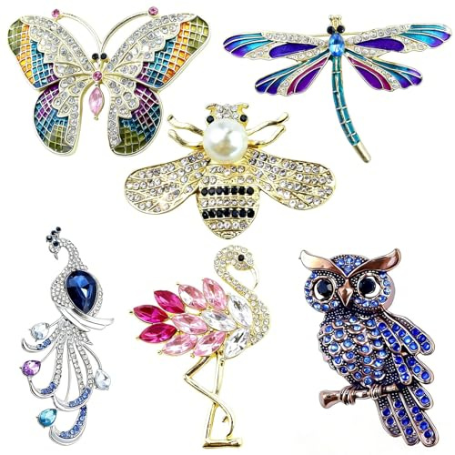 AYUMAL 6 Stück Tier Broschen, Brosche Damen, Alloy, Schmetterlingsbrosche | Biene Pfau Libelle Eule Schmetterling Flamingos Brosche, für Kleidungsdekoration Partytreffen mit Freunden