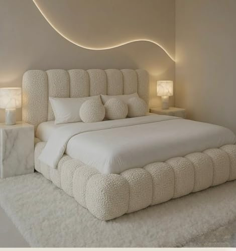 HDBEDS Luxury Cloud Bed Frame, With Slatted Ottoman Gas Lift Storage, Single, Small Double, Double, King, Super king size (Ivory Teddy, Double)