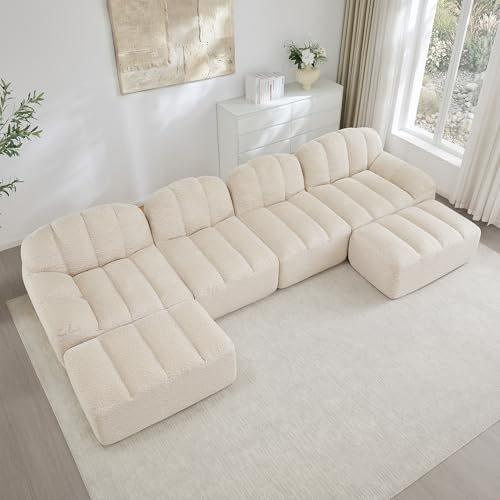 gonew21 U-Form Modulares Sofa 4-Sitzer mit 2 Ottomans – Boneless Couch für großes Wohnzimmer, Tiefe Sitzfläche aus 32D Schaumstoff, Cord – XXL Wohnlandschaft mit Schlaffunktion, flexibel, hochdicht