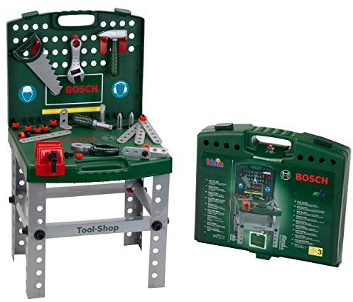 Theo Klein 8681 Bosch transportabler Tool-Shop I Werkbank zum Koffer klappbar I Inkl. Werkzeugen und Werkstatt-Zubehör I Maße: 41,5 cm x 38,5 cm x 76,5 cm I Spielzeug für Kinder ab 3 Jahren