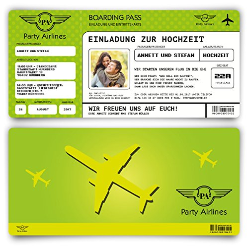 Kartenmachen.de Einladungskarten zur Hochzeit (30 Stück) Flugticket mit Foto Einladung in Grün