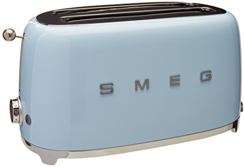 SMEG 4 Slice Toaster TSF02, Long Slot Toaster with Wide Slots for Bagels & Artisan Bread, Retro Stainless Steel, 6 Browning Levels, Defrost Reheat Bagel Functions, 1400W - (Pastel Blue)
