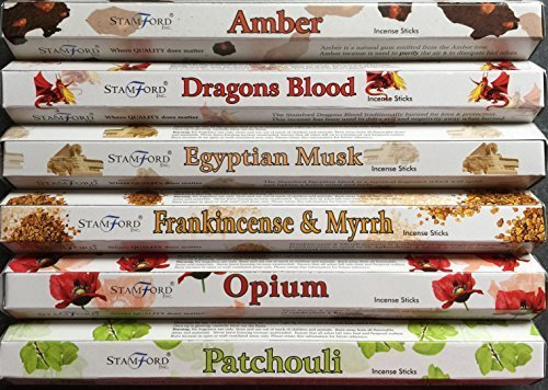 Stamford Premium Hex Range Incense Sticks - Amber, Dragons Blood, Egyptian Musk, Frankincense & Myrrh, Opium & Patchouli. 20 sticks per fragrance (120 sticks) by Stamford