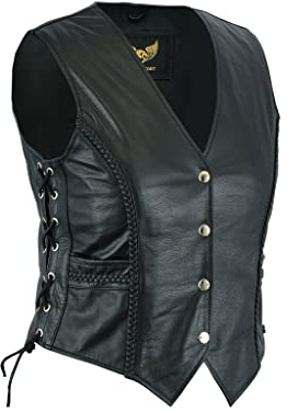 Leatherick Gilet en cuir de style motard tressé pour Femme (Noir, L)
