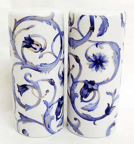 Fromeuropewithlove Salt and Pepper Shaker Set, Blue, Gold, White, Porcelain, Hand Decorated in UK, Baroque Damask Design, 3.6 H x 1.4 D, Dishwasher & Microwave Safe