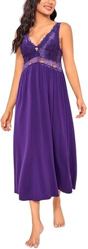 Alcea Rosea Womens Long Lace Nightdresses V Neck Sexy Chemise Nighties Strap Nightgown Elegant for Ladies S-XXXL(Violet, L)