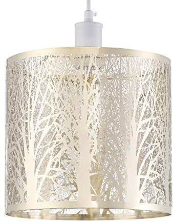 Unique and Beautiful Brushed Gold Metal Forest Design Ceiling Pendant Shade When Lit the Light Escapes Through the Gaps and Casts the Forest Against the Walls and Ceiling by Happy Homewares