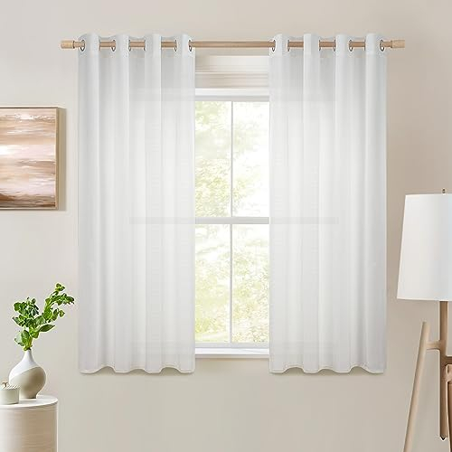 Topfinel Voile Vorhänge mit Ösen Halbtransparent Gardine Leinenstruktur Garn Muster Fensterschal für Zimmer, Büro, 2er Set 175x140 (HxB) Weiß