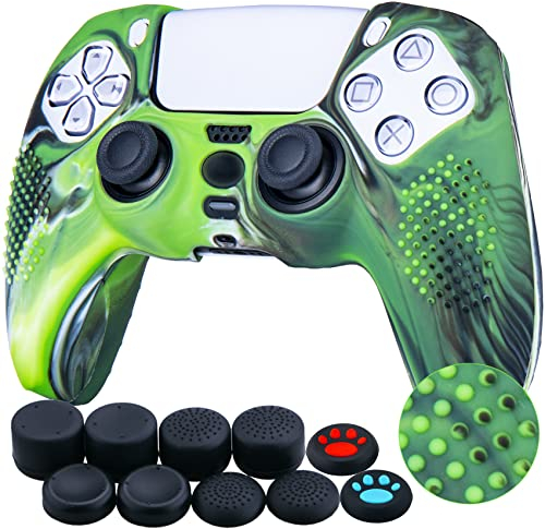 YoRHa Studded Silikon Hülle Abdeckungs Haut Kasten für PS5 Controller x 1 (Tarnung Grün) Mit Pro aufsätze thumb grips x 10