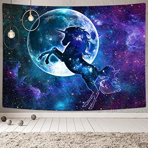 Einhorn-Wandteppich, magisches Galaxie-Tier-Einhorn, psychedelischer Weltraum, Fantasie-Tier-Wandteppich, Wandbehang für Jungen und Mädchen, 152.4 x 101.6 cm, Blau / Violett