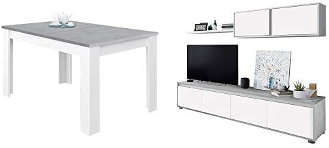 Habitdesign Mesa de Comedor Extensible, Mesa salón o Cocina, Acabado en Color Blanco Artik y Gris Cemento, Modelo Kendra + 016663L Mueble de salón Moderno