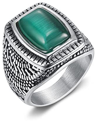 Joielavie Siegelring für Herren aus Edelstahl mit grünem Stein, Gravur, rechteckig, Retro Schmuck, Edelstahl