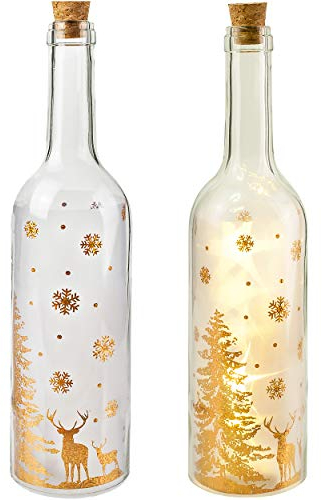 alles-meine.de GmbH 2 Stück Lichterflaschen/LED Licht Dekoflaschen - Hirsch & Sterne - Gold - Lichtflasche/Flasche mit Licht - 30 cm - Batterie betrieben - warmweiß - Flasc..