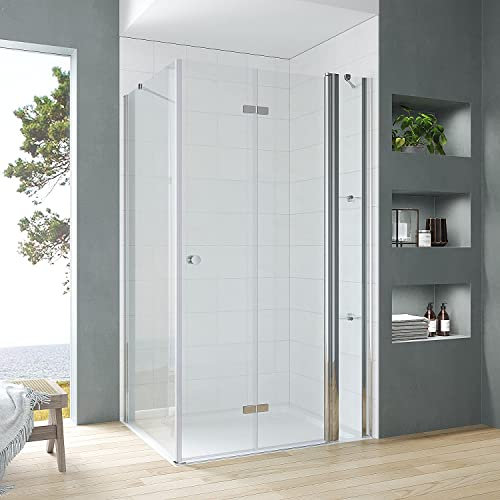 Duschkabine Eckeinstieg rahmenlos 120x90 cm Falttür Drehfalttür an Festteil 120 cm mit festem Seitenteil 90 cm Eckdusche mit Duschtür Glas und Seitenwand inkl. Eckablage Eckregale Echtglas Klar 5 mm
