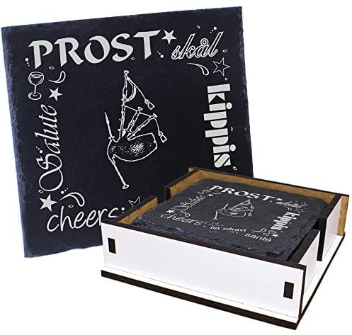 5X Schiefer Untersetzer - Prost Dudelsack - inkl. Holzbox & Flaschenuntersetzer Deko Glasuntersetzer Tassenuntersetzer