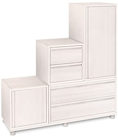 BioKinder Stufenkommode Treppenregal Stufenregal Kommode Laura, mit Türen und Schubladen aus zertifiziertem Massivholz Kiefer Naturweiß lasiert B 120 x T 40 x H 126 cm