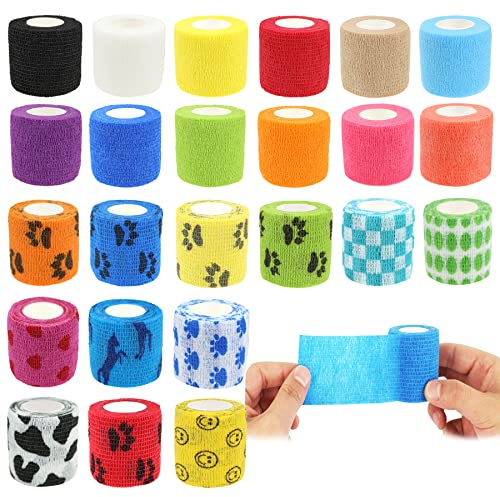 JpGdn 24 Roll Pet Vet Wrap Cohesive Bandages Pet Self Adhesive Bandage for Dogs Vet Wrap for Dogs Bandages Sticky Self Sticking Elastic Bandage Wrap for Wrist Ankle Sports Tape Paw Plaid Pure Color