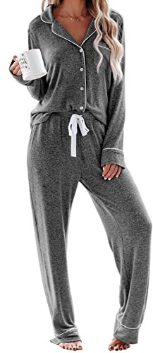 Schlafanzug Damen Lang Pyjama Sets mit Knopfleiste Zweiteiliger Nachtwäsche Hausanzug(S,Dunkelgrau)