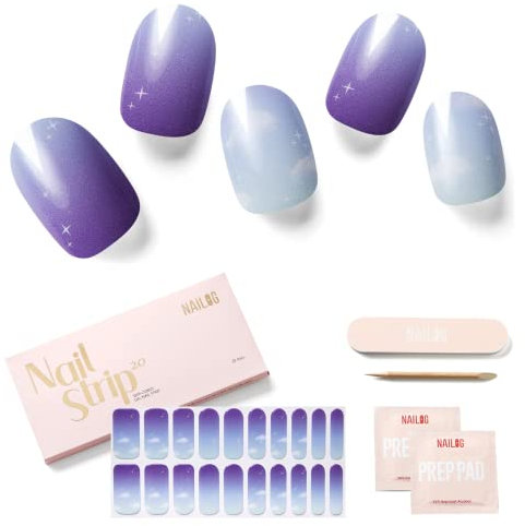 NAILOG Semi Cured Gel Nail Strips Glossy & Long Lasting Soft Gel Finish (20 Extra Long Stickers) | Wraps,Cloudy Night