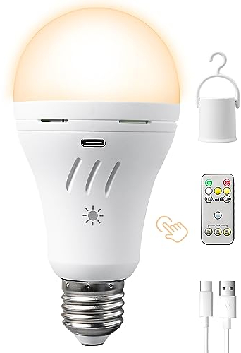 Gaaqii Bombilla Recargable USB C con Control Remoto, E27 7W Bombilla LED Regulable con Control Táctil y Función de Temporización, 3 Temperaturas de Color Luz de Emergencia para Hogar y Exterior