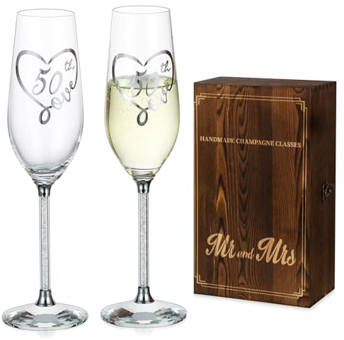 NUPTIO 50th Anniversary Wedding Gifts: Set of 2 Silver Champagne Flutes with Wooden Box for Couple Parents Friend Women Crystal Glasses Gift