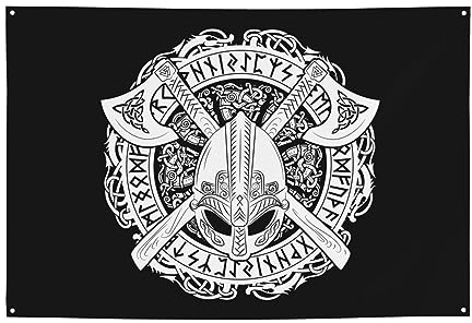 Dekoratives Haus Garten Hof Banner Wikinger skandinavische Äxte Helm Kranz Druck Urlaub Willkommen Rasen hängende Dekoration Party Flagge Hintergrund 120 x 180 cm