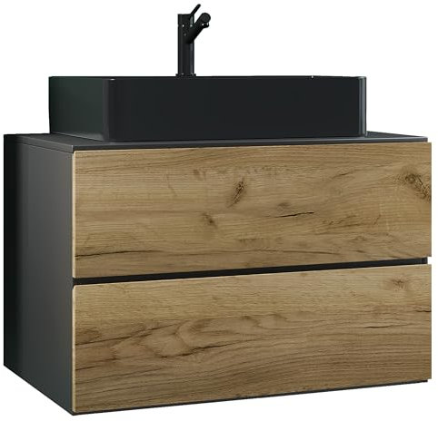 VCM 2-TLG. Waschplatz Waschtisch | schwarzes Waschbecken Unterschrank Breite 80 cm | Badmöbel Set mit Schubladen | Lendas S BL