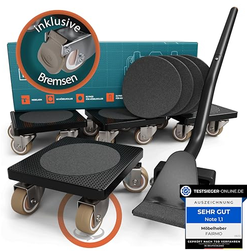 Der Innovative Möbelheber (inkl. Bremsen) für schwere Möbel von FAIRMO - 4 Möbelroller und 1 Lastenheber (inkl. Anti RUTSCH Pads) - Schonende Transportrollen aus TPE (Premium: Mit Bremsen)