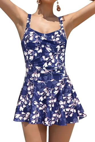 SHEKINI Maillot de bain une pièce torsadé rétro pour femme - Robe de bain réglable - Contrôle du ventre - Maillot de bain pour femme, Rose/bleu, XXL