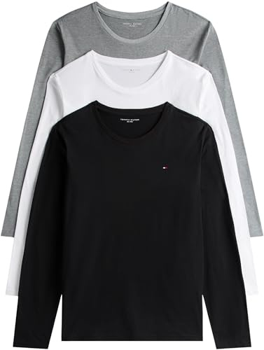 Tommy Hilfiger Men’s 3 Pack Round Neck Long Sleeve Tops, Multicolor (White/Black/Grey Heather), M