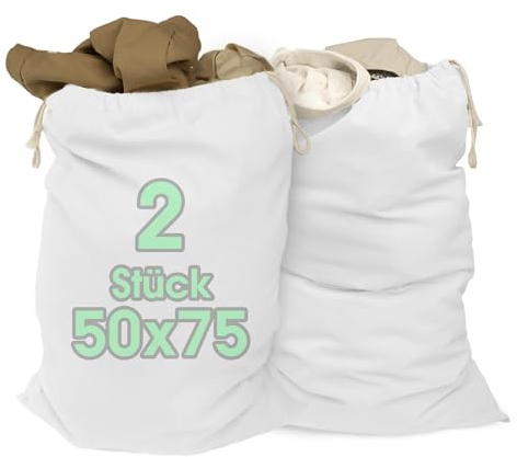 ELES VIDA® - Wäschesäcke 50x75 cm 2 Stück aus 100% Baumwolle - Extra große Wäschebeutel - langlebig, Mit Kordelzug, Reise Wäschesammler Wäschebox Kleidersack Aufbewahrung in Weiß