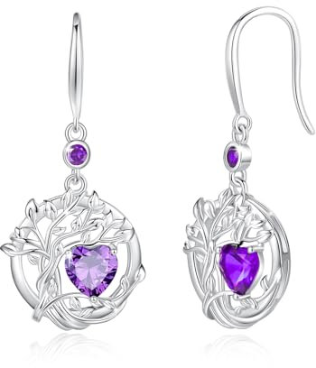 FANCIME Colgante de árbol de la vida, pendientes de plata de ley 925, pendientes colgantes de piedras preciosas redondas, piedras de nacimiento, joyas finas, regalos de cumpleaños para mujeres, Plata