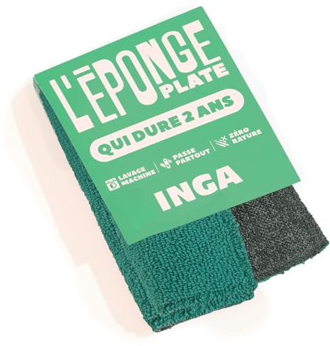 INGA – 2 esponjas planas reutilizables y lavables – Se pueden colocar en cualquier lugar, muy eficaces, no rayan – cara rascada y cara absorbente, fabricada en Europa – esponja plana que dura 2 años