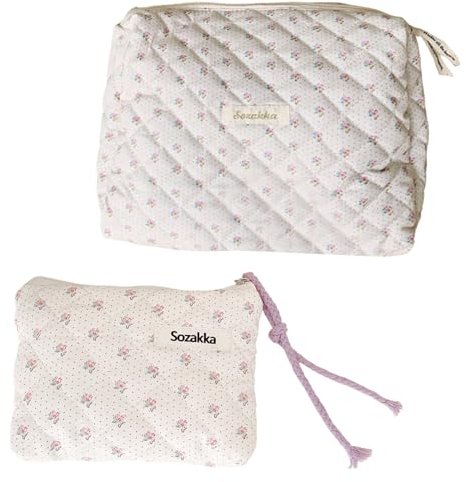 UILYNIU 2 Pcs Trousse Maquillage et Petite Trousse Florale Trousse de Maquillage de Voyage Portable Trousse de Rangement Coton Grande Capacité Trousse de Toilette Pochette Maquillage Florale (2 Pcs)