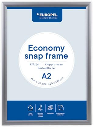 Europel Economy Klapprahmen, A2, Farbe Silber, Profil 25 x 11 mm, für Poster 42 x 59,4 cm, eloxiertes Aluminium, Antireflexfolie, Anzeige von Werbung, Hotel, Büro, Restaurant, Speisekarten