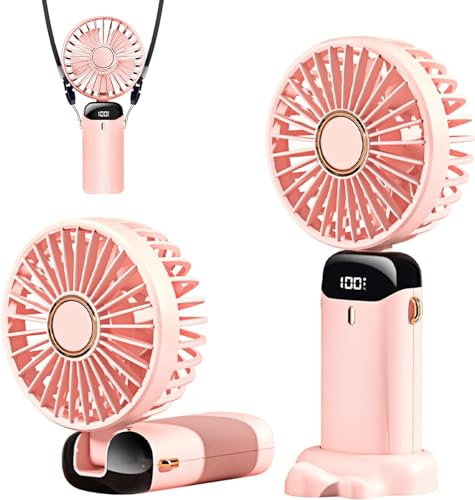 Handheld Fan, 4200mAh Mini Portable Fan USB Rechargeable, 5 Speeds Desk Desktop Fans with LED Display for Travel, Outdoor, Home, Office, School, Camping (Pink)