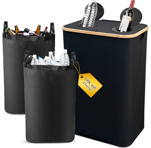 SOUTHGATE 170L Recycling Bins for Kitchen with 2 Compartments, Extra Large Deposit Bottle Bins with Lid, Indoor Home Bottle Storage with 2 Reusable Recycling Bags, Black