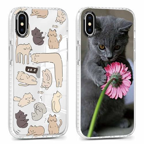 Foonary 2 Pack Clear Print Phone Case for iPhone X/XS 5.8,Slim Soft Silicone with Cute Cat Design Aesthetics Transparent Pattern Cases,Shockproof Bumper Protector Cover for iPhone X Girls
