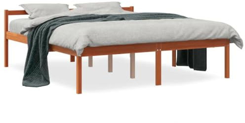 ShCuShan Cama para ancianos marrón cera 150 x 200 cm madera maciza de pino, cabecero de cama de madera espaldera, cama montaje en pared, cabecero con estructura de barras y tablero de apoyo