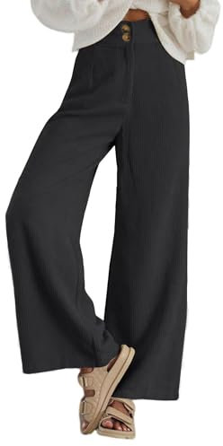 Imuedaen Cordhose Damen High Waist Weites Bein Hosen Freizeithose Lang Casual Locker Hose mit Taschen und Knöpfen (Dunkelgrau, M)