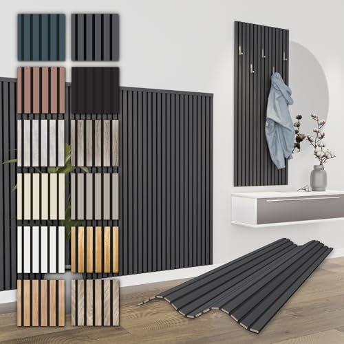 HEXIM Akustikpaneele 138,5x60cm - flexible Lamellenwand Holz MDF Wandpaneele Lamellenverkleidung Wandverkleidung Innendekoration schalldämmend (8 Paneele / 6,64 m² Black Lead - APH05)