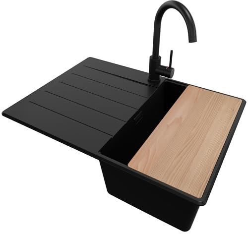 PRIMAGRAN Fregadero Granito Todo Negro 70x50cm, Cocina 1 Seno + Grifo 32x20cm + Sifón + Tabla de cortar, Sobre encimera al mueble 40cm - Copenhague