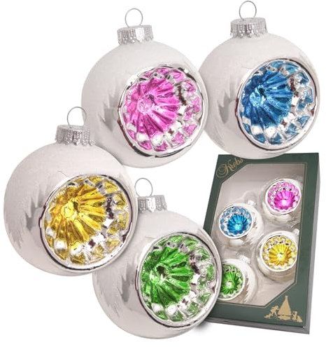 Krebs Glas Lauscha - Weihnachtsdekoration/Christbaumschmuck aus Glas - Reflexkugel Glanz mit Schneedach - Menge: 4 Stück - Farbe: Silber - Größe: ca. 7 cm