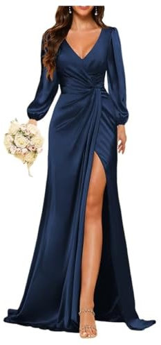 YIANN Navy Blue Bridesmaid Dresses with Slit Satin Long Sleeve Formal Dress Mermaid Evening Party Gowns UK8