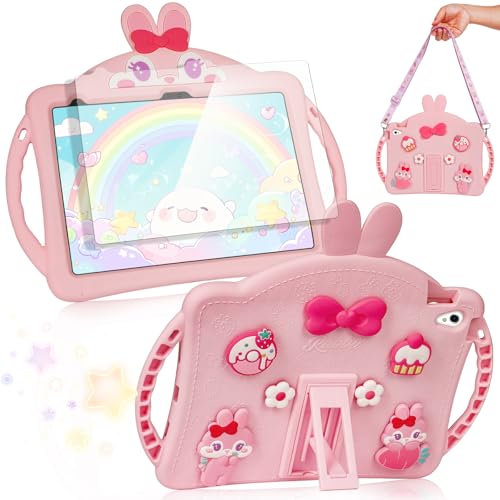 for iPad 9th Generation Case for Girls with Screen Protector Kickstand Handle Shoulder Straps Cute Rabbit iPad Case 10.2 inch Silicone Tablet Cover for Kids Girls iPad 9th/8th/7th Gen, Pink