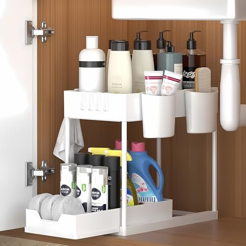 KOOSREEL Rangement sous Evier 2 Niveaux, Coulissant Organiseur sous Évier Etagere Tiroir,Panier de rangement multifonction pour salle de bain, étagère sous placard, étagère de lave-vaisselle - Blanc