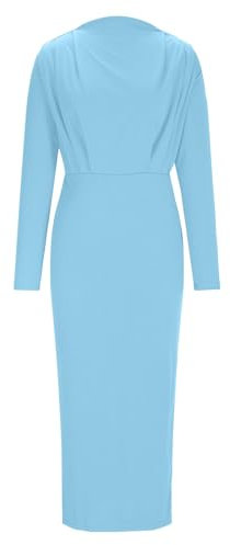 Womens Dresses High Neck Solid Mid-Calf Length Dress Pull On Sheath Wrap Long Raglan Sleeve Clothes