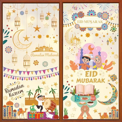 AhfuLife Eid Mubarak Fensterbilder, 9 Blätter Selbstklebend Fenstersticker Eid Mubarak Dekoration Aufkleber, Ramadan Stern Mond Fensteraufkleber Wiederverwendba für Muslim Islamic Party Deko