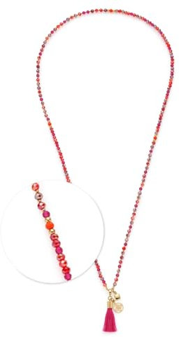 JEWELS BY LEONARDO Halskette Donna • lange Endlos-Kette aus goldfarbenem Edelstahl • Glasperlen in kräftigen Pinktönen • Quasten-Anhänger • 80 cm Länge • Schmuck Geschenk für Frauen • 024898